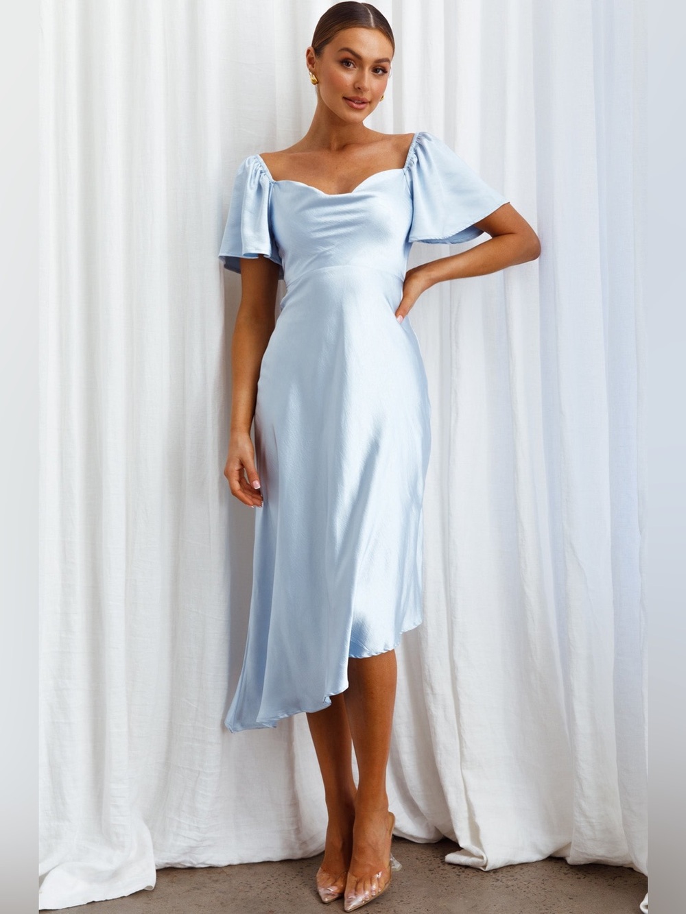 NWT Selfie Leslie Grayson Tied Back Asymmetrical Midi Dress Steel Blue